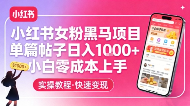 小红书女粉黑马项目，单篇帖子日入1k+，小白零成本上手-长青创习社
