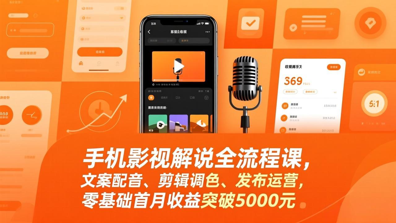 手机影视解说全流程课，文案配音、剪辑调色、发布运营，零基础首月收益突破5000元-长青创习社